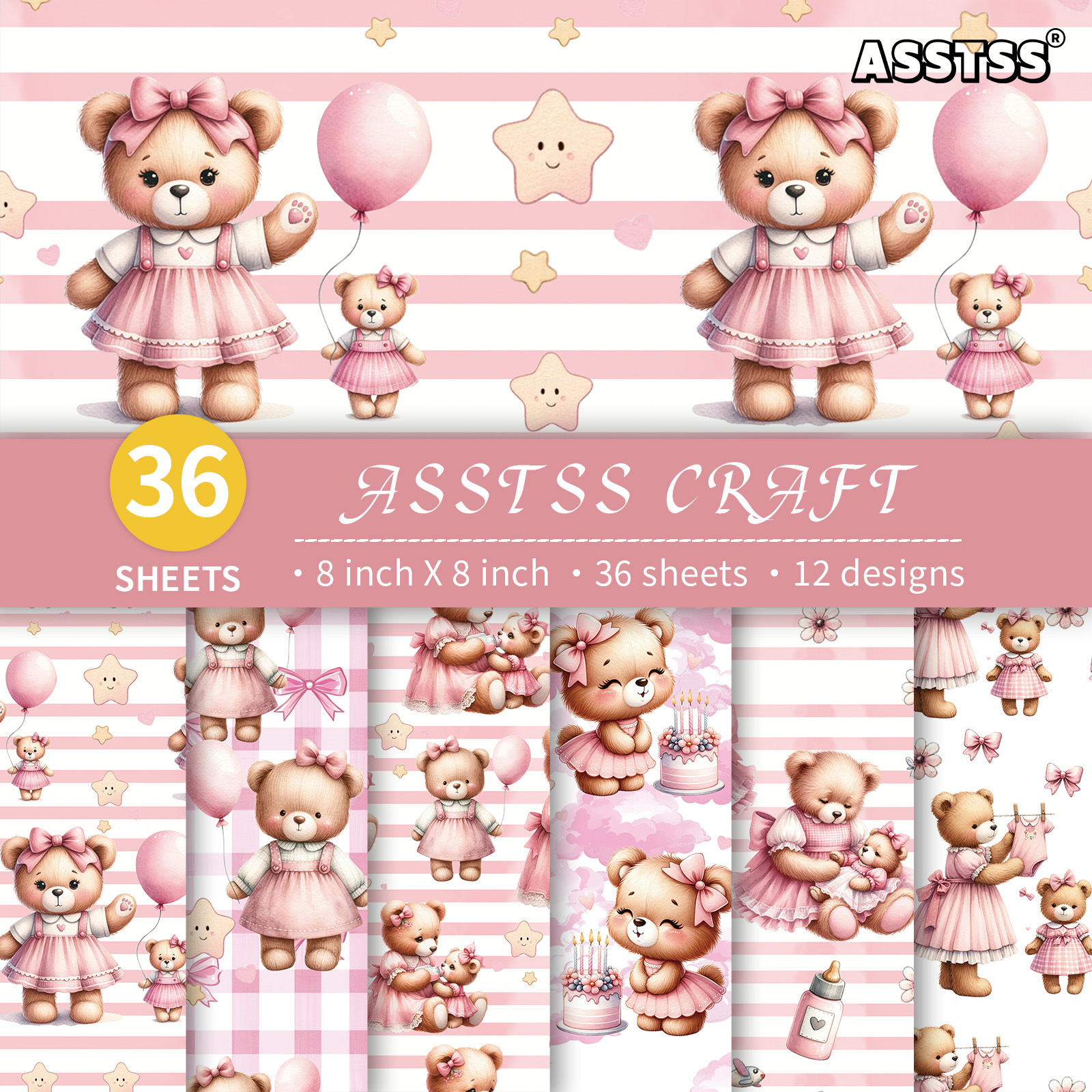 TEMU Bloc de papier scrapbooking de 36 feuilles mesurant 8X8 pouces, avec un motif d' en peluche rose idéal pour des mères. Ce papier cartonné épais