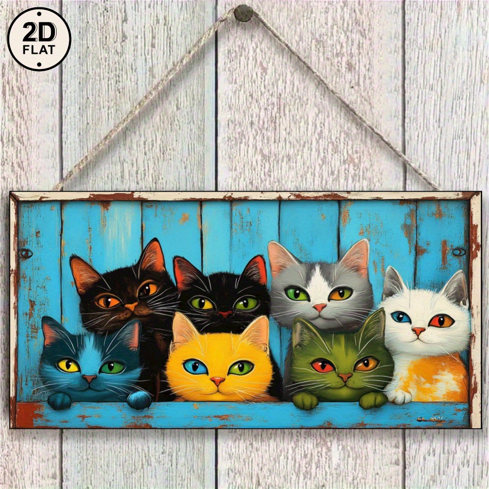 TEMU Mural 2D Plat en Bois Rustique - Famille de Chats Style Vintage, Décoration Murale Colorée, Résistante aux Intempéries, Idéale pour Salon,