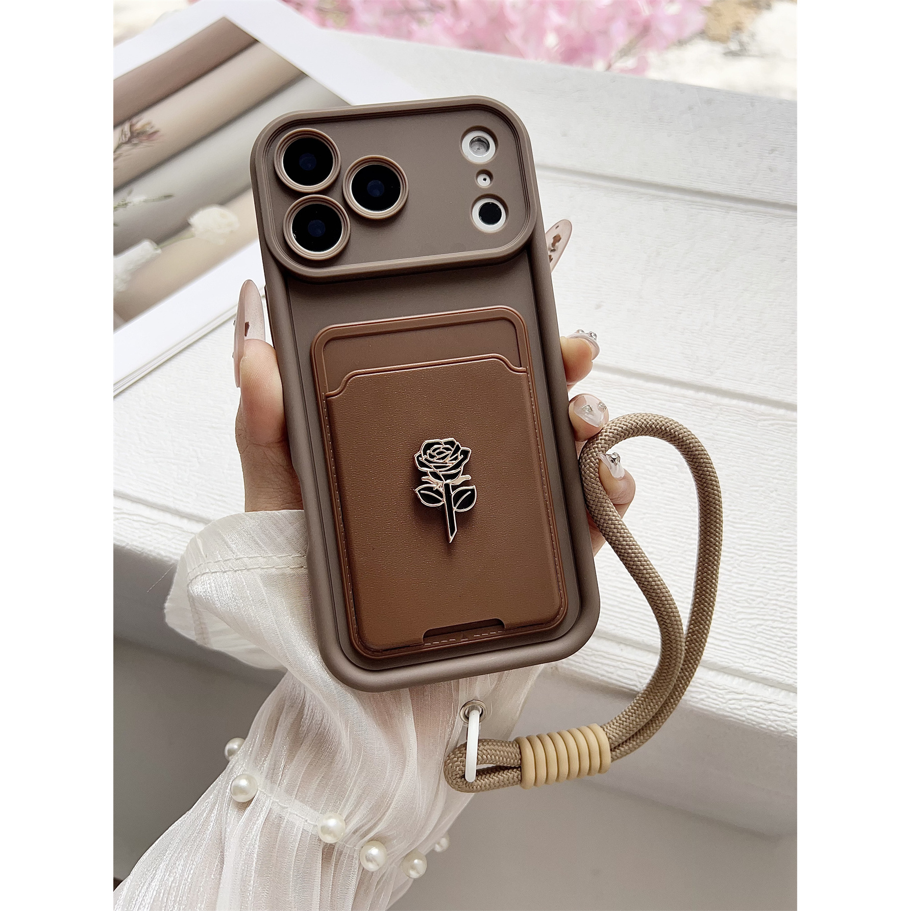 TEMU Phone Case - 1pc Gold-rimmed 3d Rose Flower Card Holder Diamond Phone Case, Full-coverage Anti-drop Soft Case With Card Holder And Portable