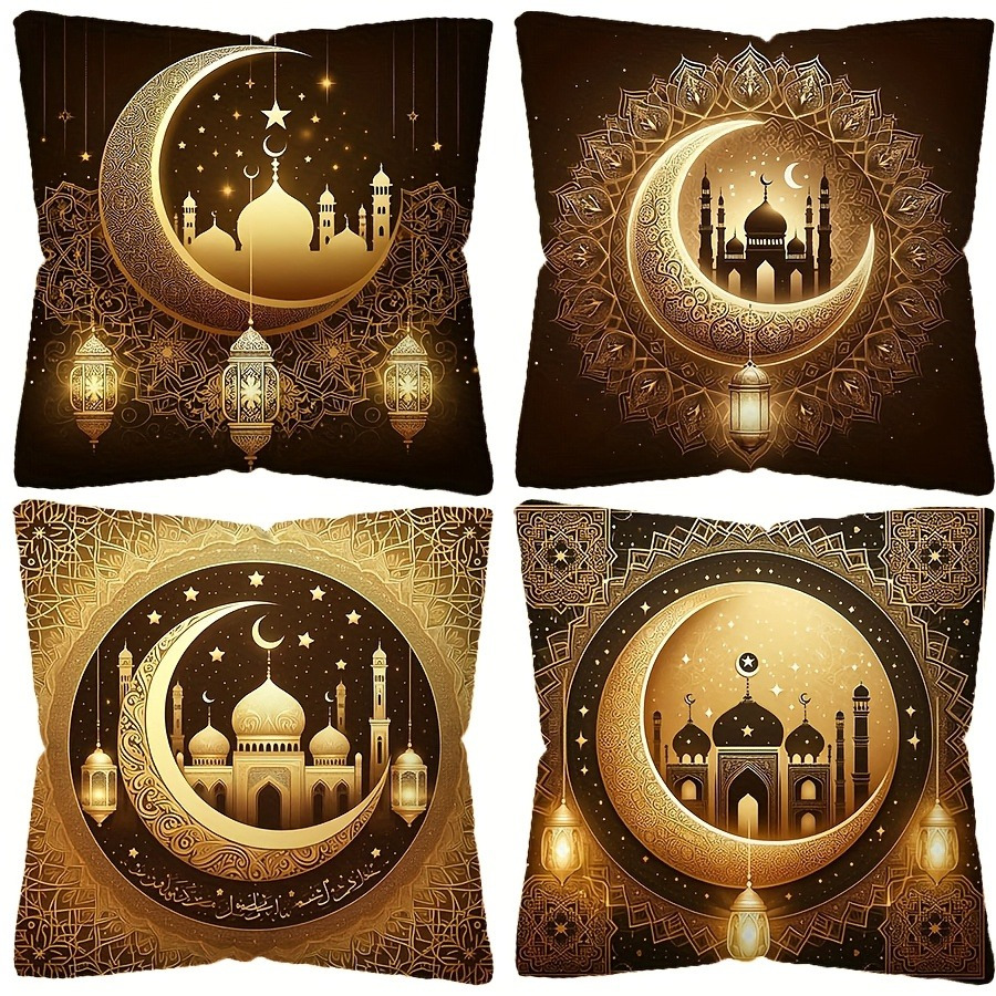 

4pcs Ramadan Festival Decorative Pillow Covers, 100% Polyester, Hand Wash, Woven, With Zipper Closure, Soft And Skin-friendly, 45x45cm, For Room And Bedroom Decor