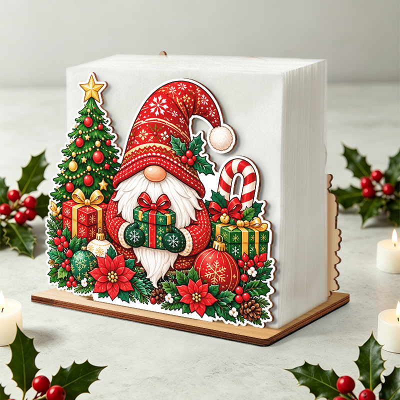 TEMU 2d Flat, 1pc 2d Flat Printed Christmas Gnome Wooden Napkin Holder, Cute Gnome With Christmas Tree Gift Box Candy Cane Design Tissue Box,