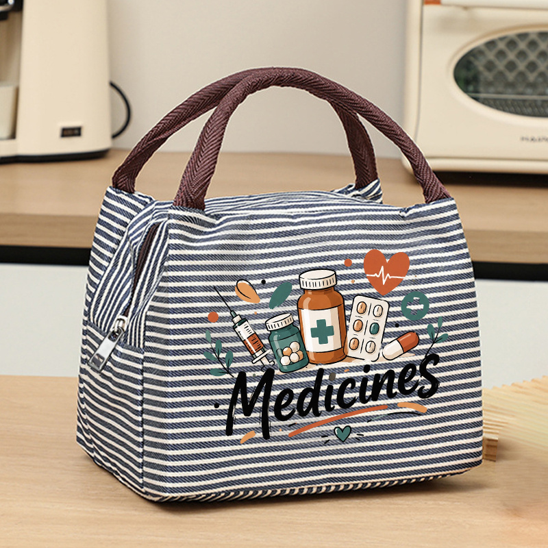 TEMU Medicines-themed Printed Women's Handbag Featuring Bottle, Syringe, Pill, And Heart Rate-shaped Heart Elements. The Vintage Striped Body Is