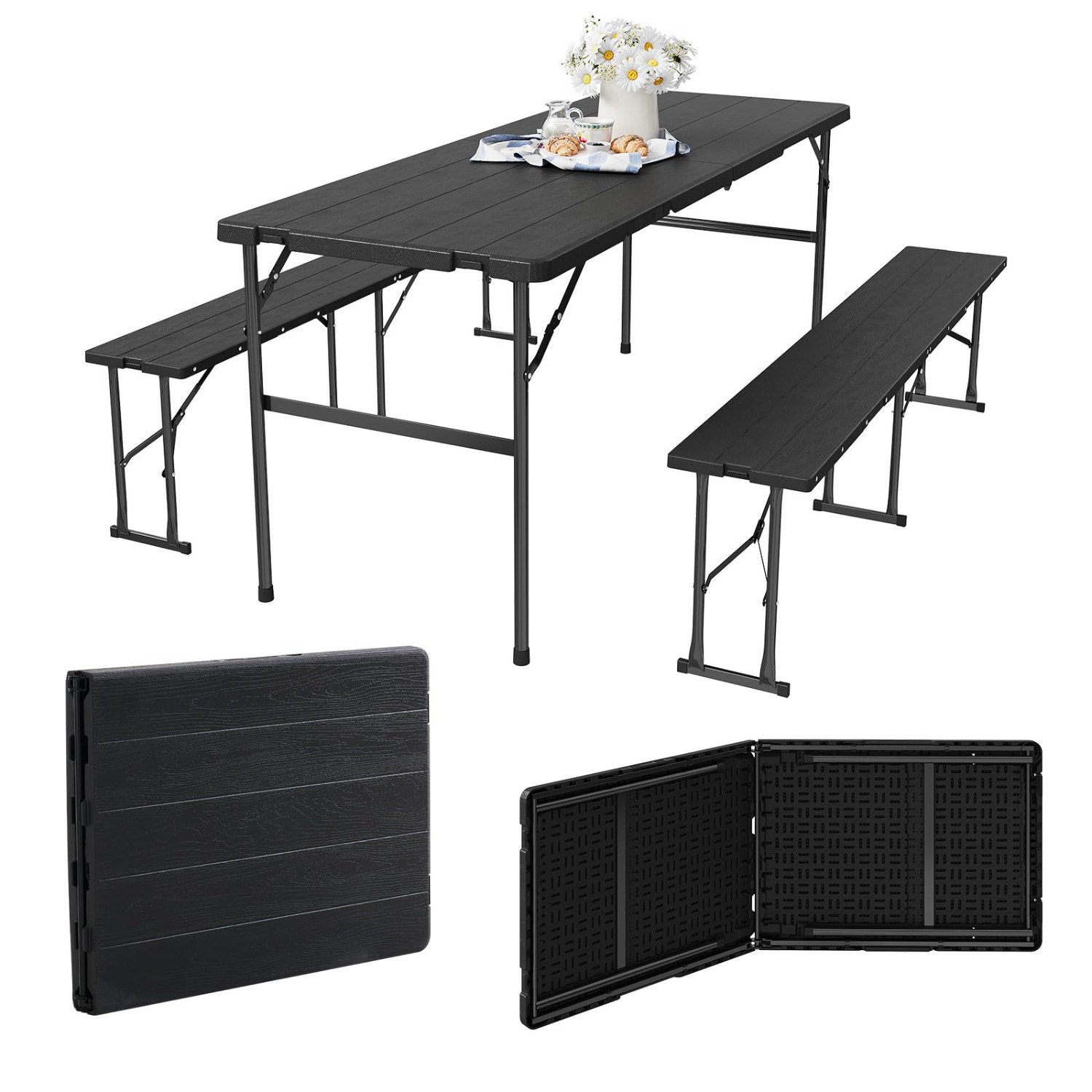 Image of Foldable Camping Table & Folding Picnic Table Set-portable Fold Up Table With 2 Benches, Metal Frame, 190x70x74cm Table & 160x25x40cm Benches, Ideal For Outdoor Garden Camping