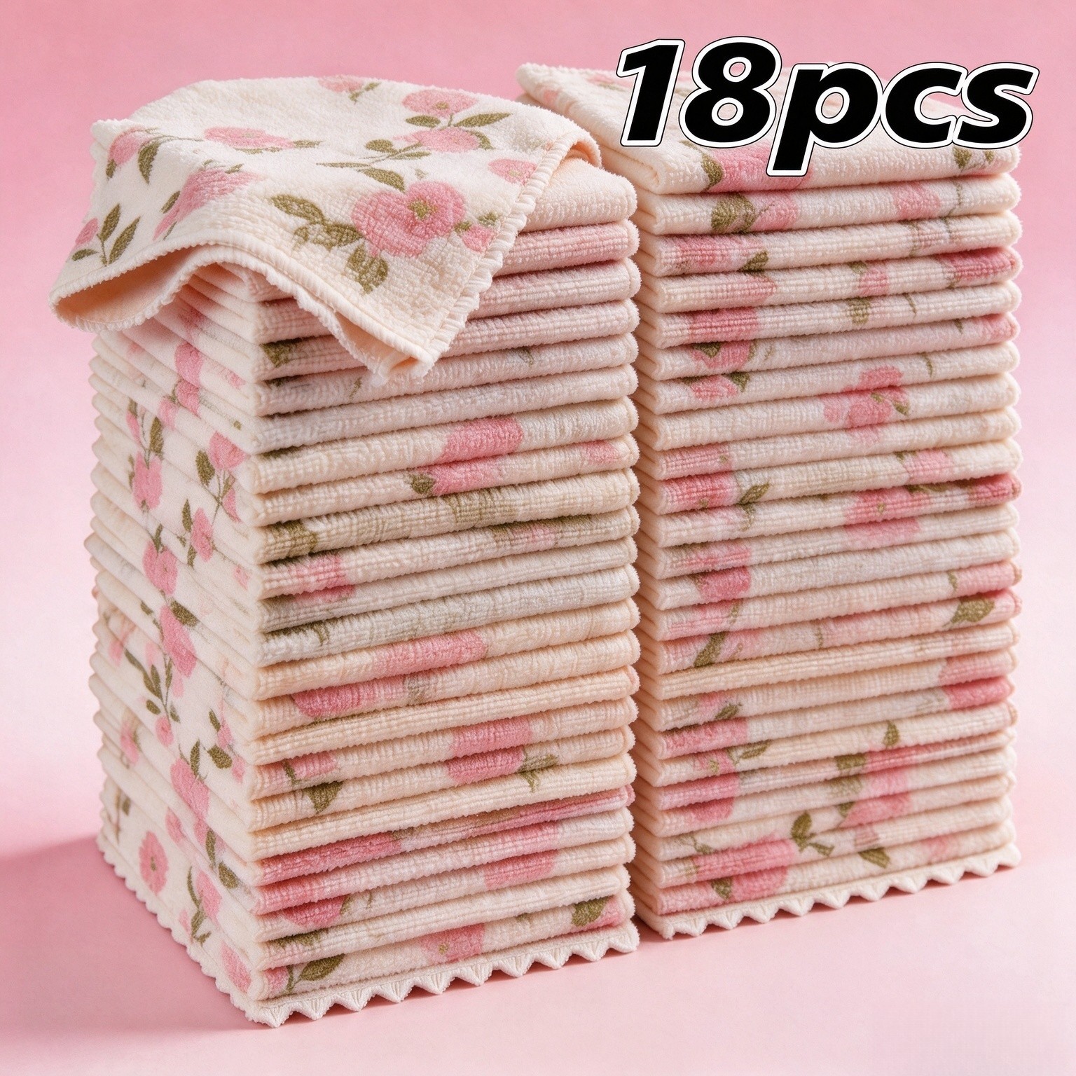 TEMU 18pcs Fleece Reusable Cleaning Cloths, Super Absorbent Quick-dry Soft Towels, Coral Pink Golden Pattern Wet Wipes, Suitable For Kitchen,