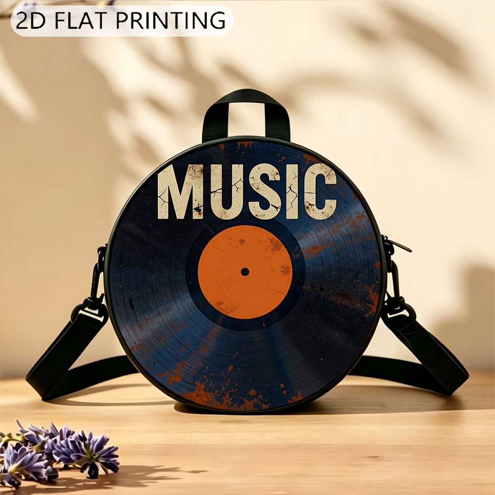 TEMU 1pc 2d Printed Round Shoulder Bag, Vinyl Record Pattern, Women's Adjustable Shoulder Strap With Zipper And Top Handle, Adjustable Shoulder Strap