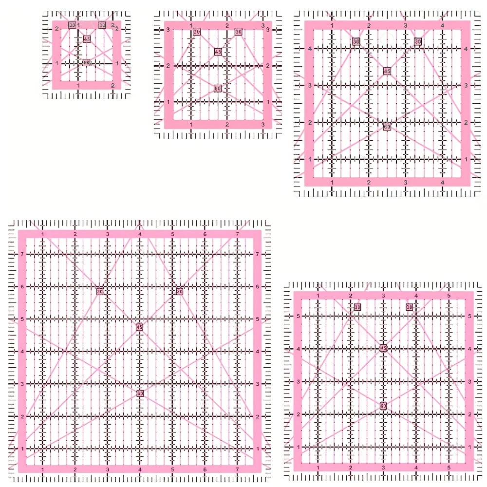juego de 5 reglas de costura acrílicas con plantillas de acolchado - 6.35cm, 8.89cm, 12.7cm, 15.24cm, 20.32cm | reglas de plástico duraderas para manualidades, adecuadas para acolchar, coser, tejer y bordar | diseño de acolchado rosa