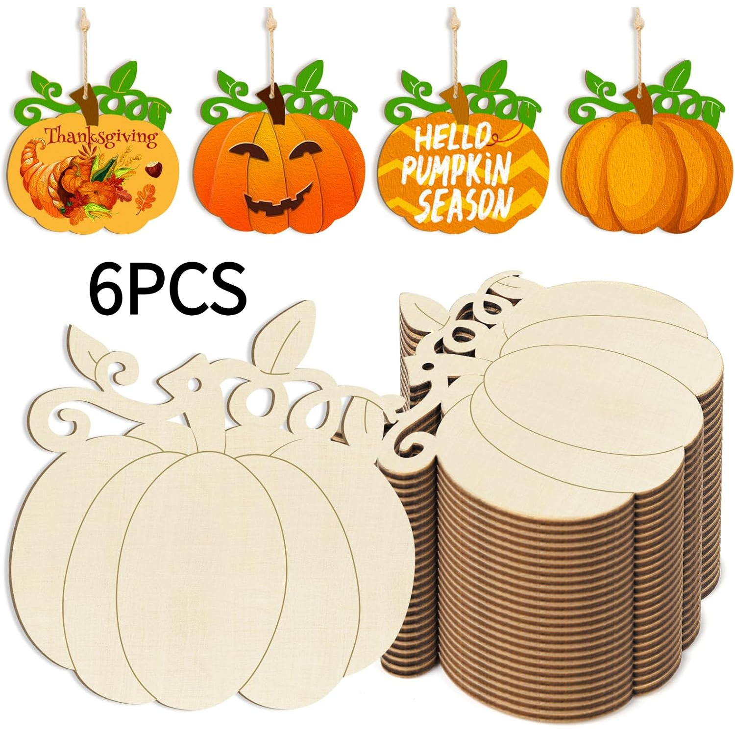 TEMU 2D Plat | 1 Set de 6 pièces de décorations en bois artificiel non de citrouille (Taille 3,5 pouces), Convient pour la peinture d'Halloween et de
