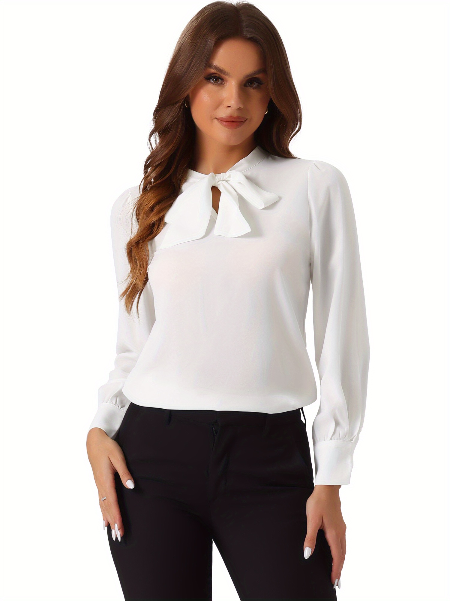 Elegant Women's Polyester Blouse with Tie Front Detail Solid Color Long  Sleeve Shirt for Office and Work, Spring/Fall Season, Ladies Blouses