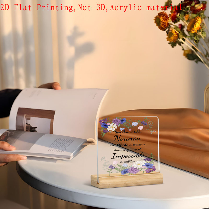 TEMU Panneau décoratif plat 2D en acrylique de style français "Nounou" pour l'appréciation des aînés, impression de commémoratif floral, ornement de