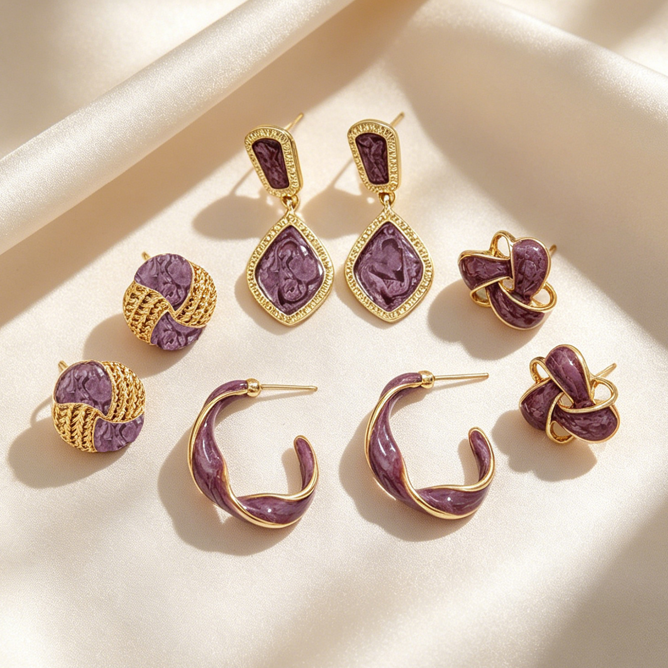 TEMU 4 Pairs Of Vintage Bohemian Purple Contrast Color Drip Oil Twisted Braid Design Women's Fashion Stud Earrings, Niche Luxury Suitable For Daily