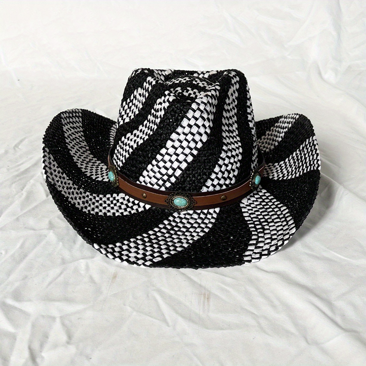 black white striped cowgirl hat wide brim ethnic western - Temu display picture 2