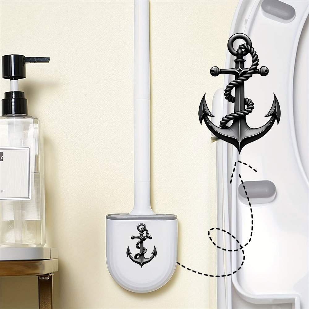 TEMU 1pc Anchor Pattern Portable Toilet Brush With Holder, Wall Mounted Toilet Cleaning Tool For Bathroom
