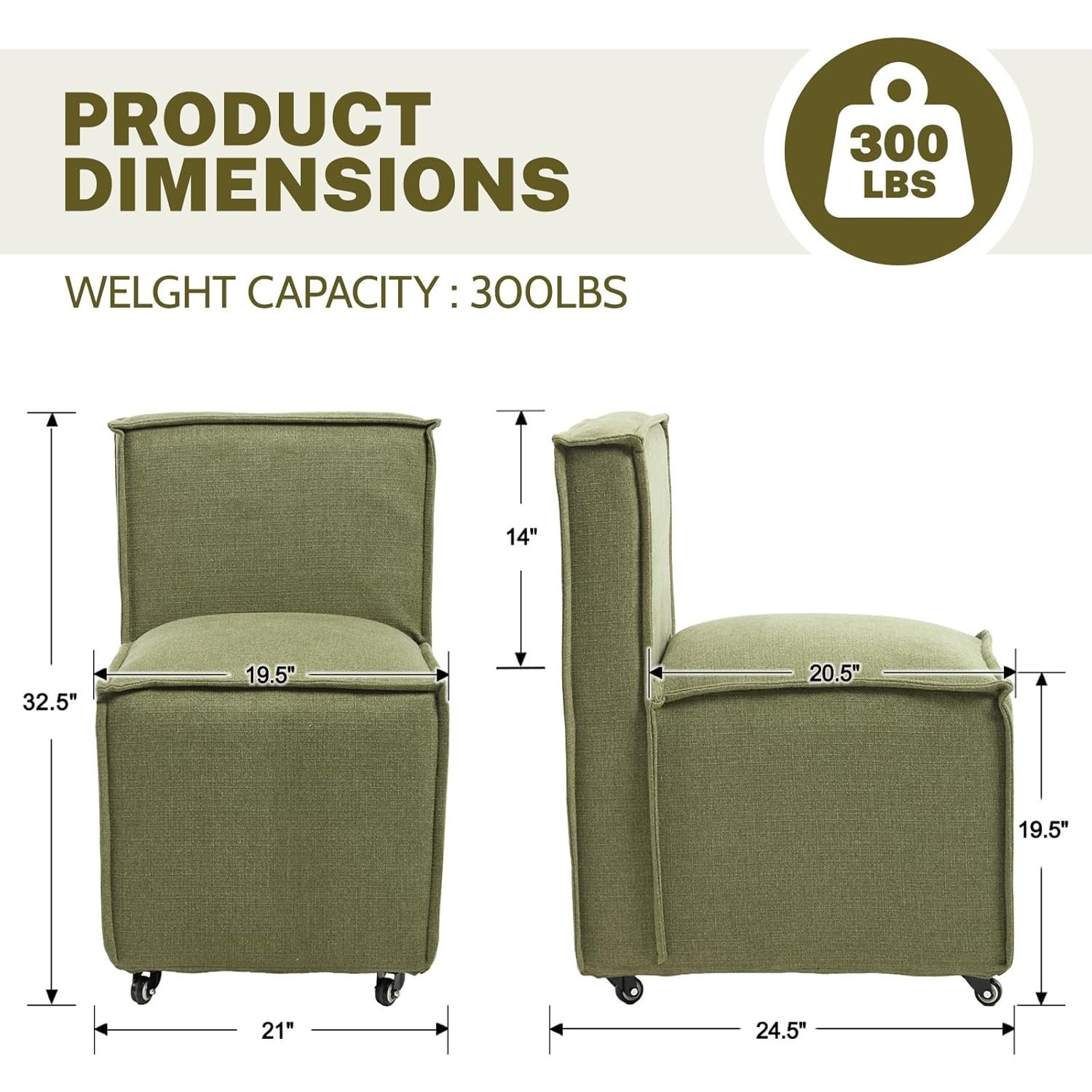 Set of 2 Modern Dining Chairs with Casters Armless Rolling Dining Chairs with Rollers for Kitchen and Dining Room, Removable Cover, Minimalist Style, Specific Style