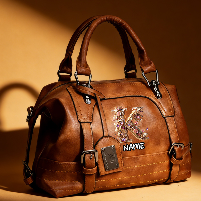 TEMU 1pc Women' Personalized Initial Handbag - Retro Custom C Letter Bag With Adjustable Strap & Zipper Closure, Suitable For Work Travel, Monogram
