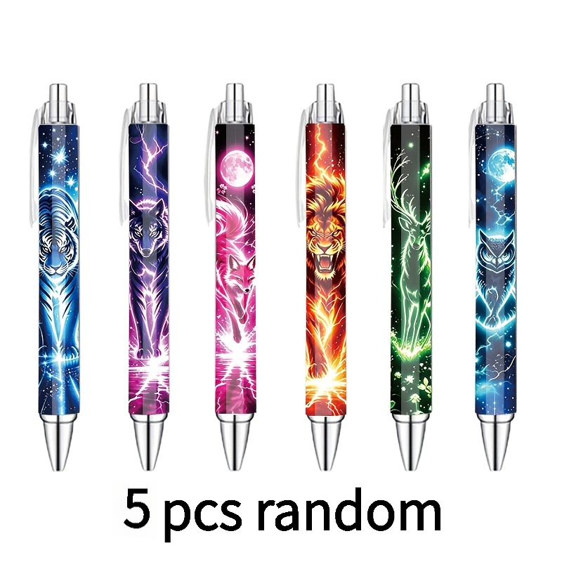 TEMU 5pcs Neon Starry Sky Lightning Click Ballpoint Pens, Random Styles, With Cool Tiger, Black Wolf, Lion, , Elk, And Owl Print Patterns, Smooth