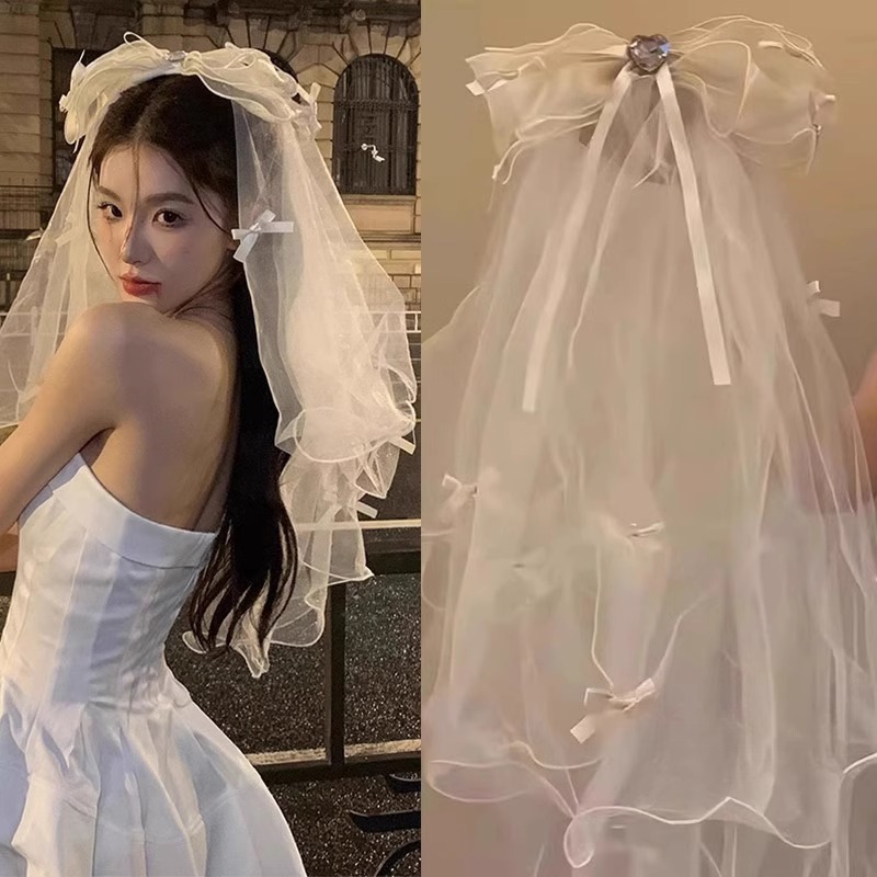 TEMU 1pc Tulle Bridal Veil, With Large Bow And Heart, Short Wedding Headpiece, Registration Elopement Photo Prop