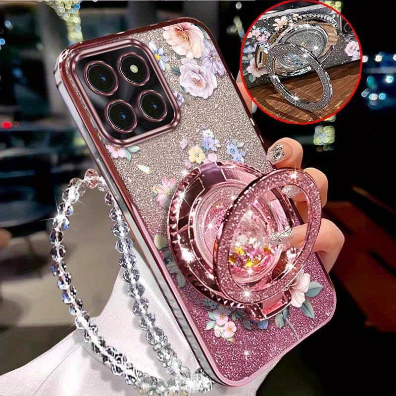 TEMU Étui téléphone : x6b Étuis téléphone motif pétales brillants avec bracelet perles transparentes, confortable, compatible Honor X6b,