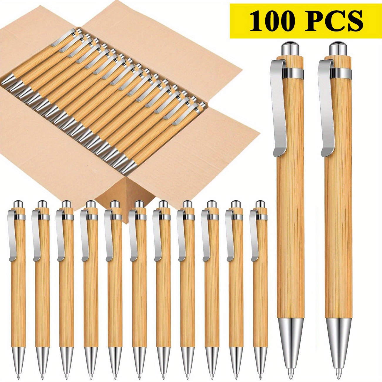 Image of Custom 100pcs Bamboo Ballpoint Pens, Black Ink, Retractable Natural Bamboo Rod Design, Suitable For Office, Business, School And Gifts!