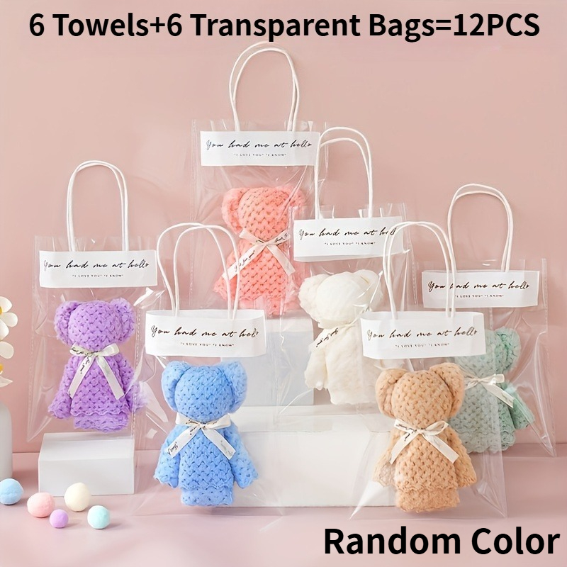 Image of 12pcs/6 Towels And 6 Transparent Bags Random Color Bear Towel Gift Set, Transparent Bag Bear Towel Souvenir Gift - Perfect For Weddings, Birthdays, Easter Gifts, Mother's Day Gifts, Party Gifts, Etc