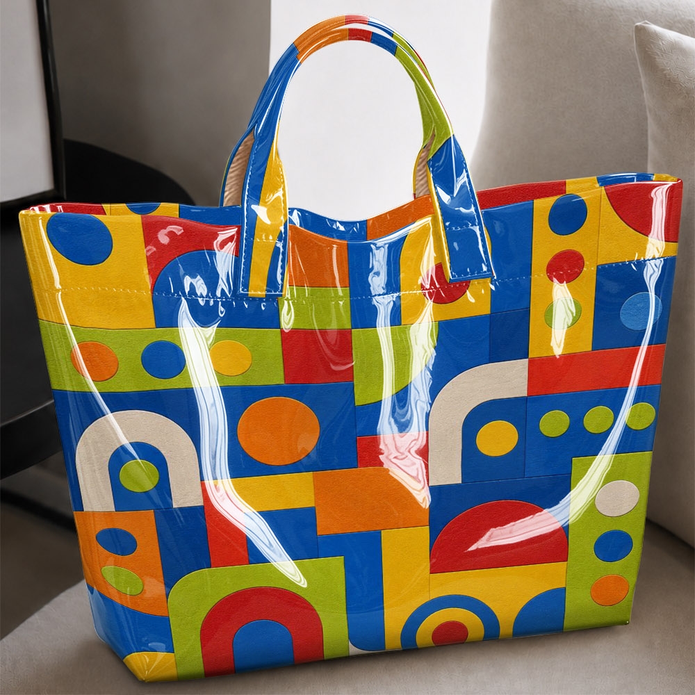 Image of Color- Geometric Print Tote Bag Featuring A Retro Style; A Spacious, Shopper Bag Suitable For Daily Commuting, Streetwear Looks, Campus Life, And Casual