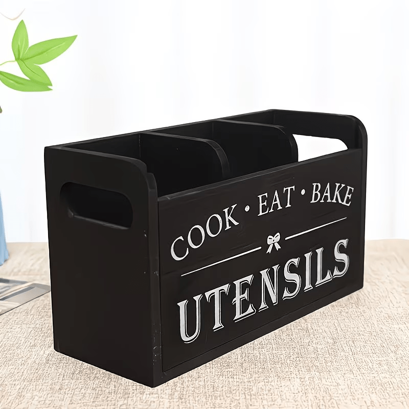 TEMU Extra Large Heavy-duty Wood Utensil Organizer - 3-compartment Rustic Kitchen Storage Box With Wall-mounted Or Countertop Shelf, Suitable For