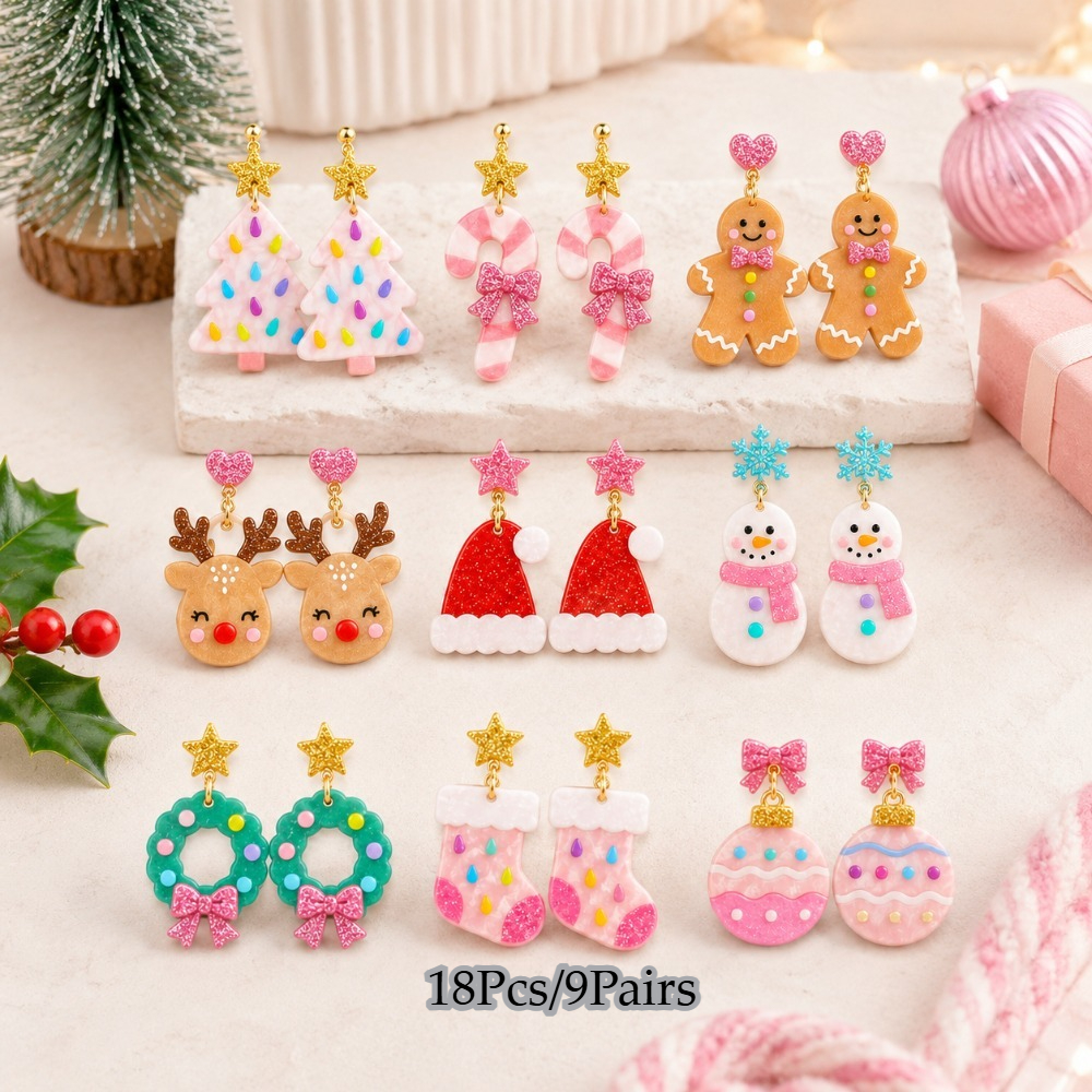 TEMU 18pcs/9pairs Women's Christmas Acrylic Drop Earring Set, Lightweight Teardrop Earrings Featuring Snowman, Christmas Tree, Snowflake And Reindeer