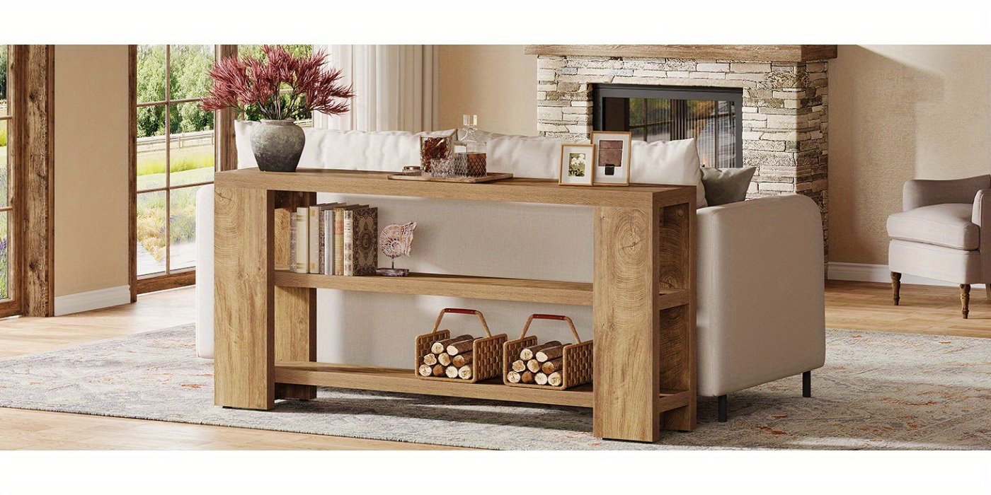 Mesa Console Estendida 70,9" - Aparador Rústico de 3 Níveis com Pés Ajustáveis 12 Detalhe dos 3 Níveis de Armazenamento e Textura de Madeira