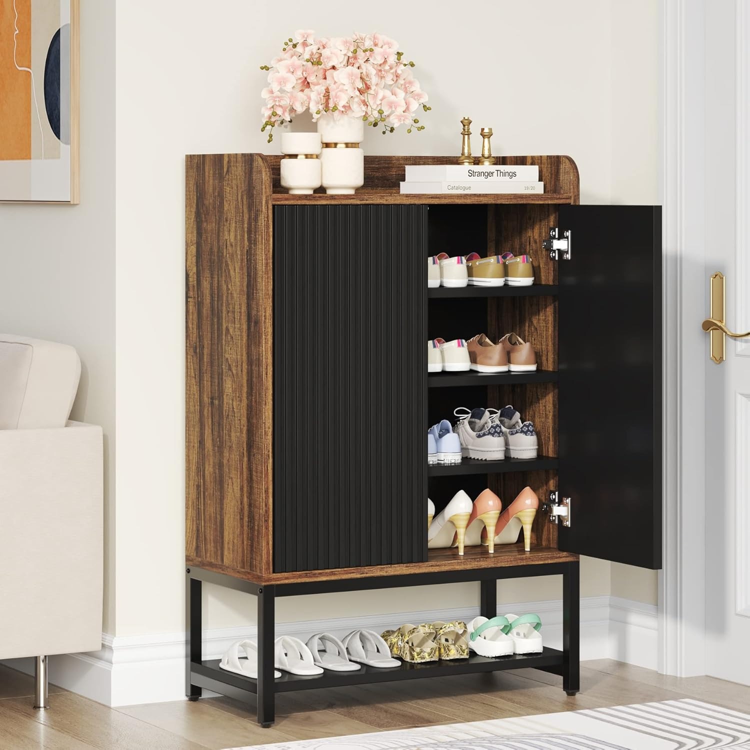 Image of Wooden Shoe Storage Unit With Doors, Featuring 5 Tiers, Designed For Organizing Shoes In And , In Black And Brown