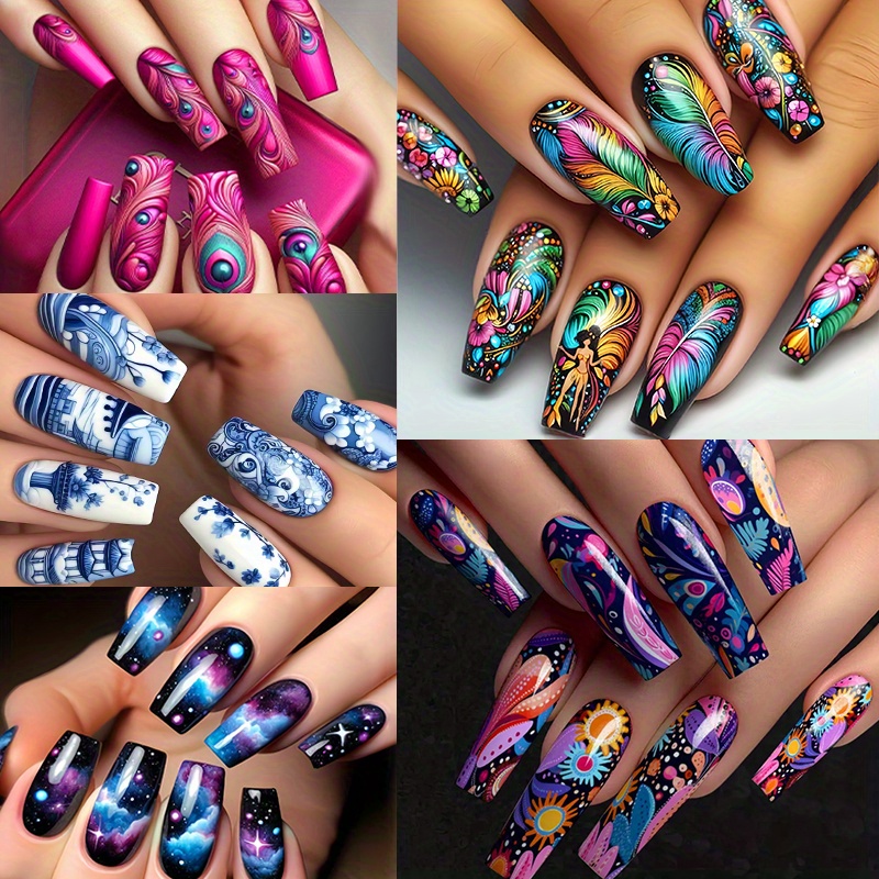 

120pcs (5 Pack) Mixed Color Ballet Nail Stickers, Long Length Feather &leaves Pattern, Press-on Nails, Fashionable Removablenail Art Decals