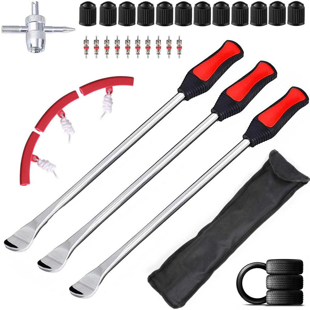 Set Of Tire Spoons For Dirt Bike Motorcycles, Including Professional Tools For Changing Tires, A Sturdy Bag, 3 Tire Irons, 3 Rim Protectors, A Valve Core, Caps, And A Lug Wrench