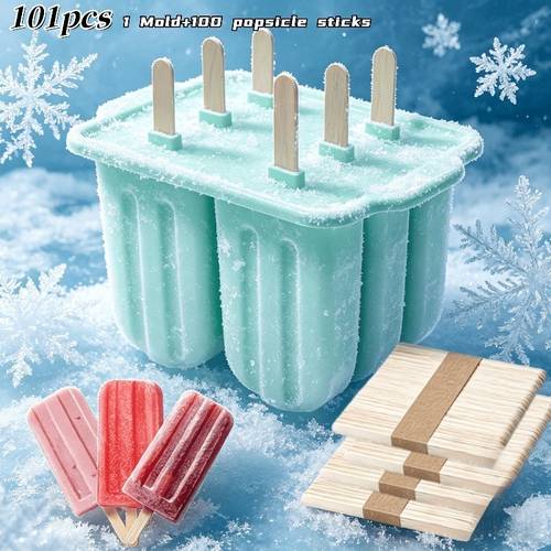 101pcs Silicone Mold Set with 100 Sticks + 1 Ice Cream Mold, Lid, Reusable Homemade Ice Cream and Mold, Maker, Suitable for Healthy Homemade , Juice Sticks, and Summer Desserts