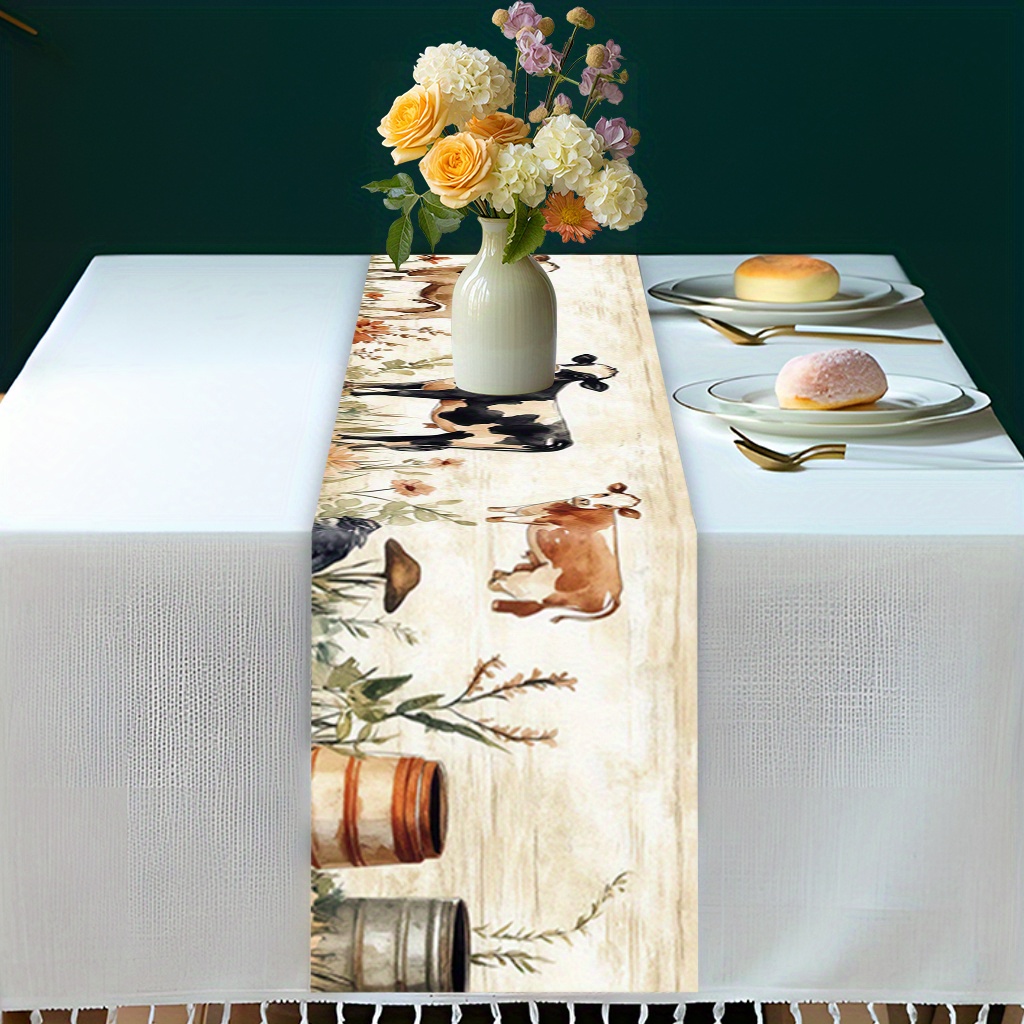 jit1pcs1 farmhouse cow and floral tablecloth decorative table cover suitable for home dining rooms festive parties   holiday table setting farmhouse decor polyester fiber tabletop decoration