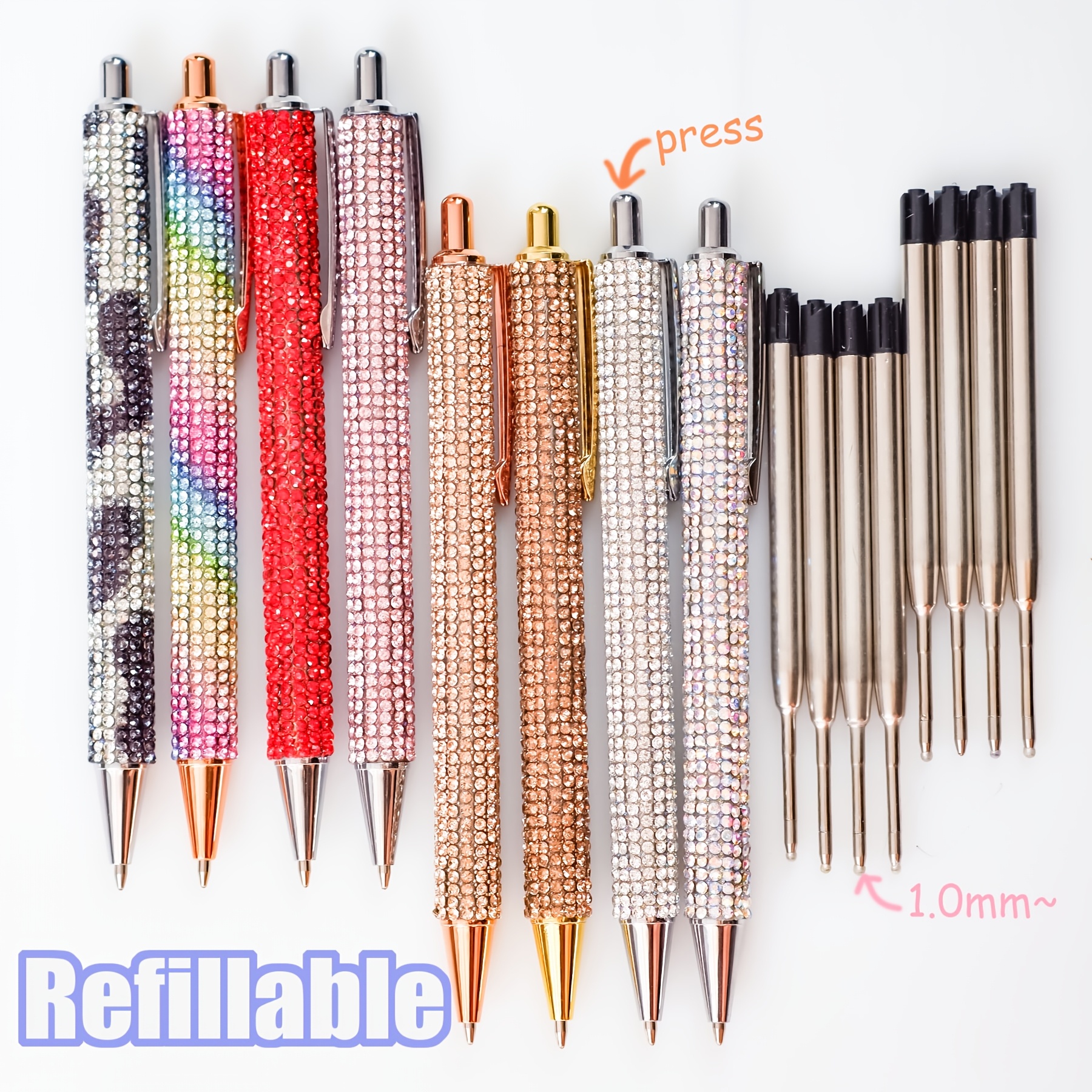 TEMU 16pcs (8pcs Pens And 8pcs Refills) Pen, Flash Metal Ballpoint Pen, Diamond Pen, Bulk Fancy Sparkling Crystal Press Retractable Black Ink 0.7mm,