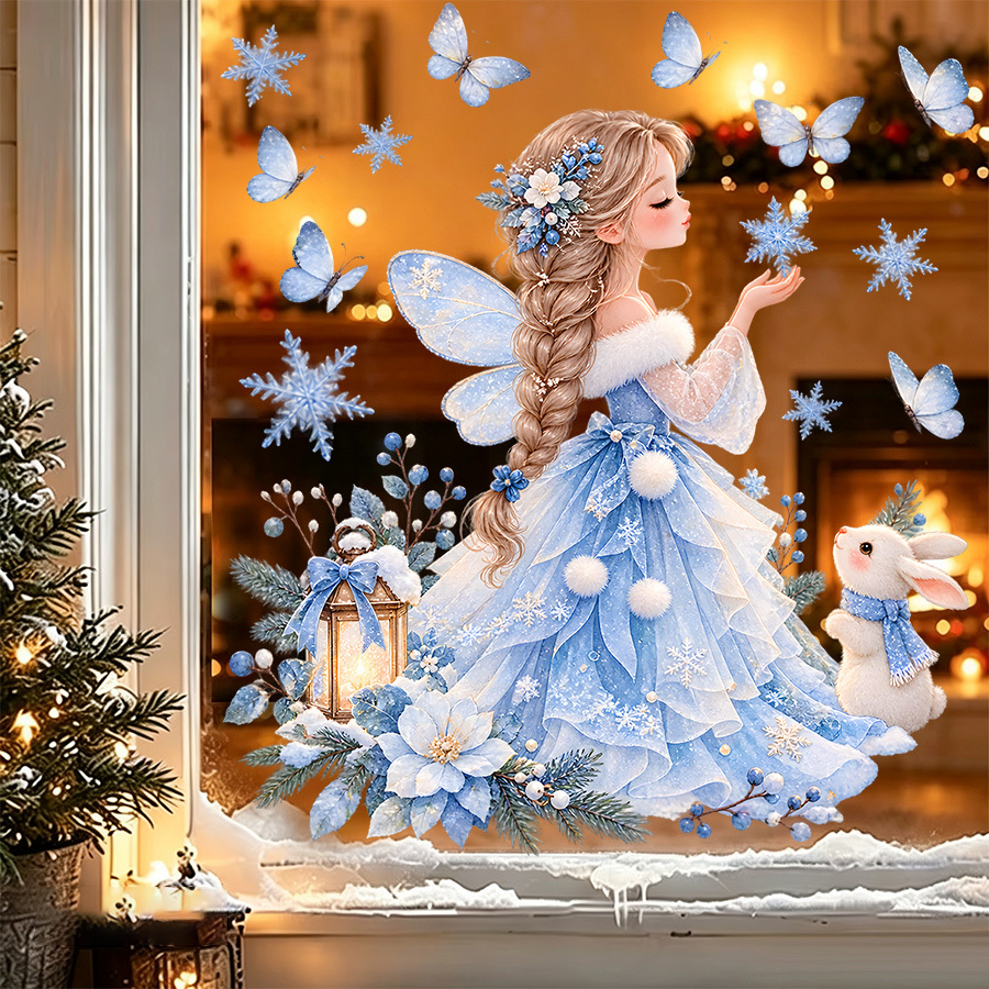 TEMU Cute Fairy With Snowflake And Bunny Static Cling Window Sticker, Double-sided No Glue No Residue Reusable Glass Decal, Christmas Ornament For