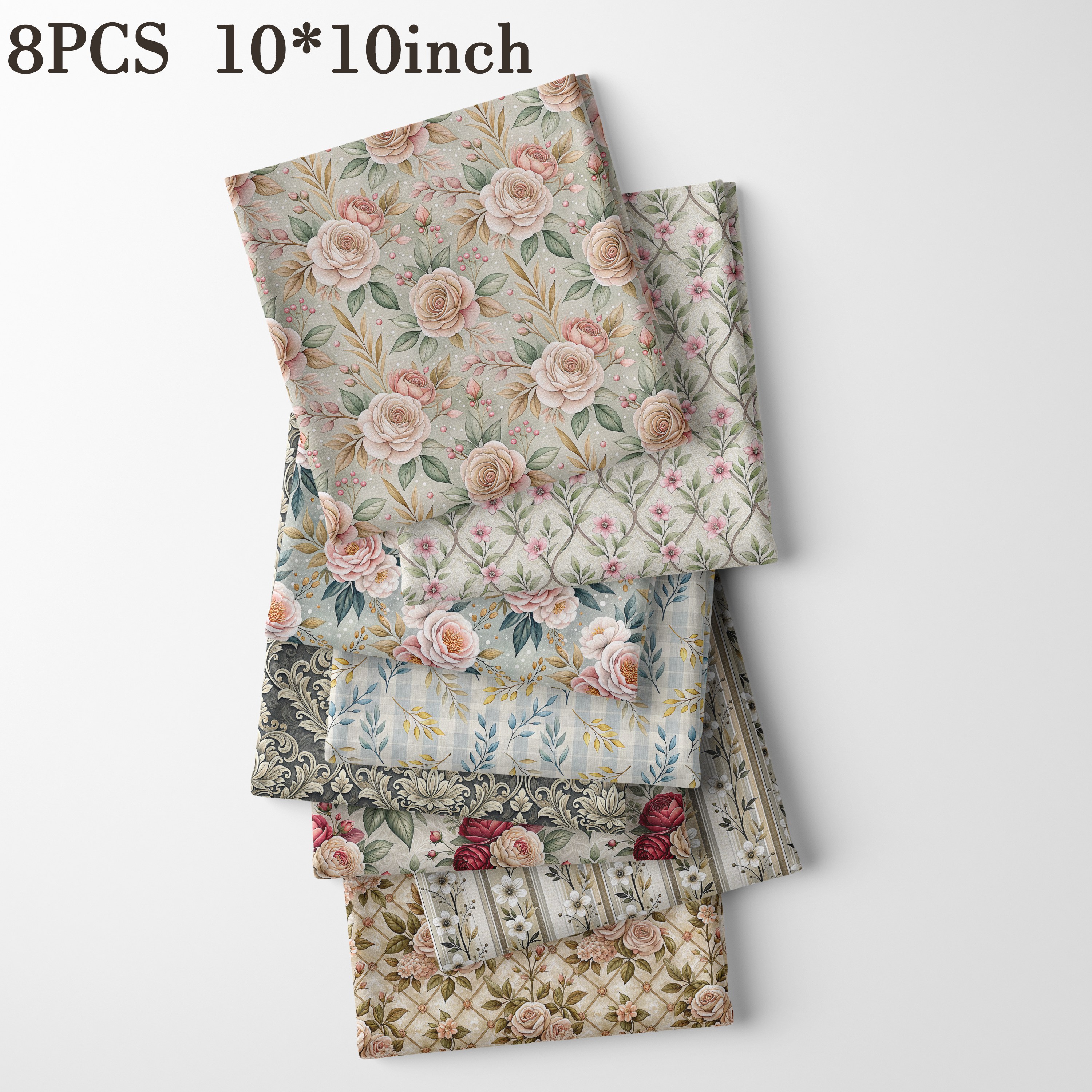 TEMU 8pcs 10" X 10" Retro Dark Rose Branch Square Fabric, Including Diamond Floral, Vertical White Flowers, Red And Pink Roses, Dark European Scroll
