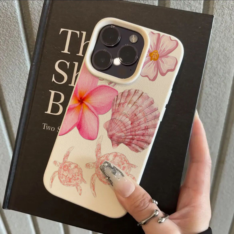 Pink Sea Turtle Shell Hawaiian Flower Pattern Suitable for TPU Case Compatible with iPhone 16 Pro Max iPhone 16 Pro Max/14/16 Plus/15/13P/12/11 Business Shockproof Protective Case High Aesthetic