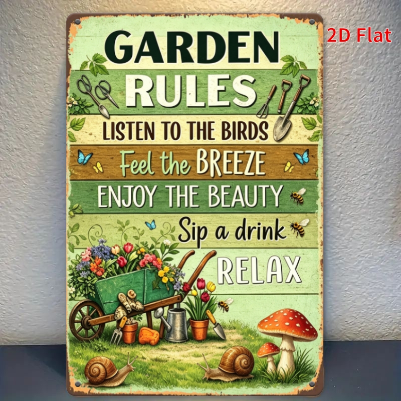 TEMU 2d Flat - [2dflat]1pc - 7.87x11.81inch - Garden Rules Vintage Metal Aluminum Sign Wheelbarrow Tulip Snail Mushroom Bee Retro Backyard Yard Wall