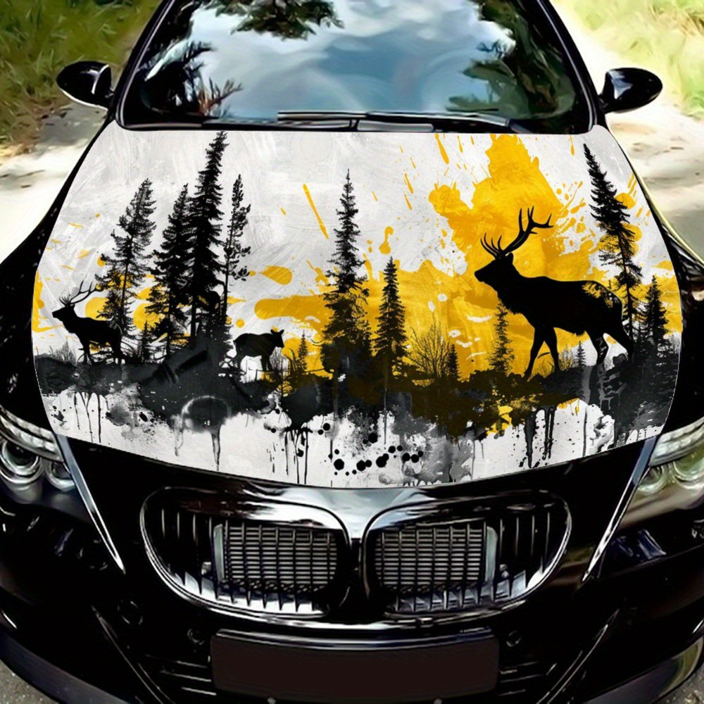 TEMU Pine Trees, Mountains, And Moose, Splash Painting, Cool;artistic; Festive; Colorful; Gift;car Hood Decal Sticker, Truck Decal, Self-adhesive
