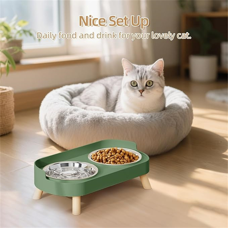 [Elevated Pet Bowls] 1Set Elevated Pet Bowls Green/ White, Plastic/ Stainless Steel Dishes, Prevents Whisker , Ideal for Dogs Indoor Cats Food & Water Feeding