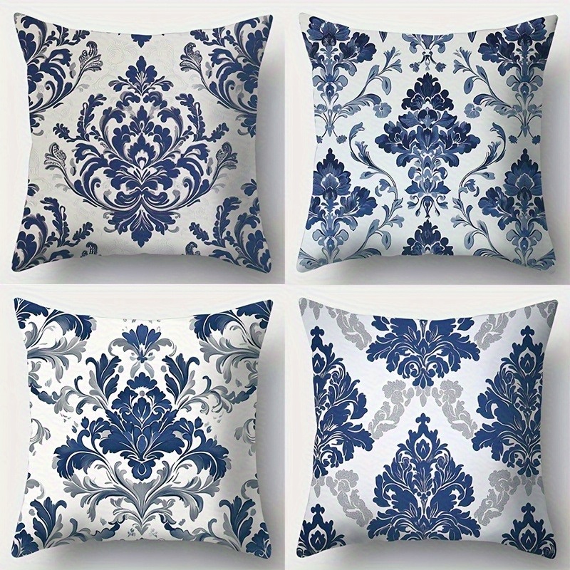 TEMU 4pcs Set Blue And White Jacquard Single-sided Printed Pillowcases, Elegant Style, Square Polyester Pillowcases