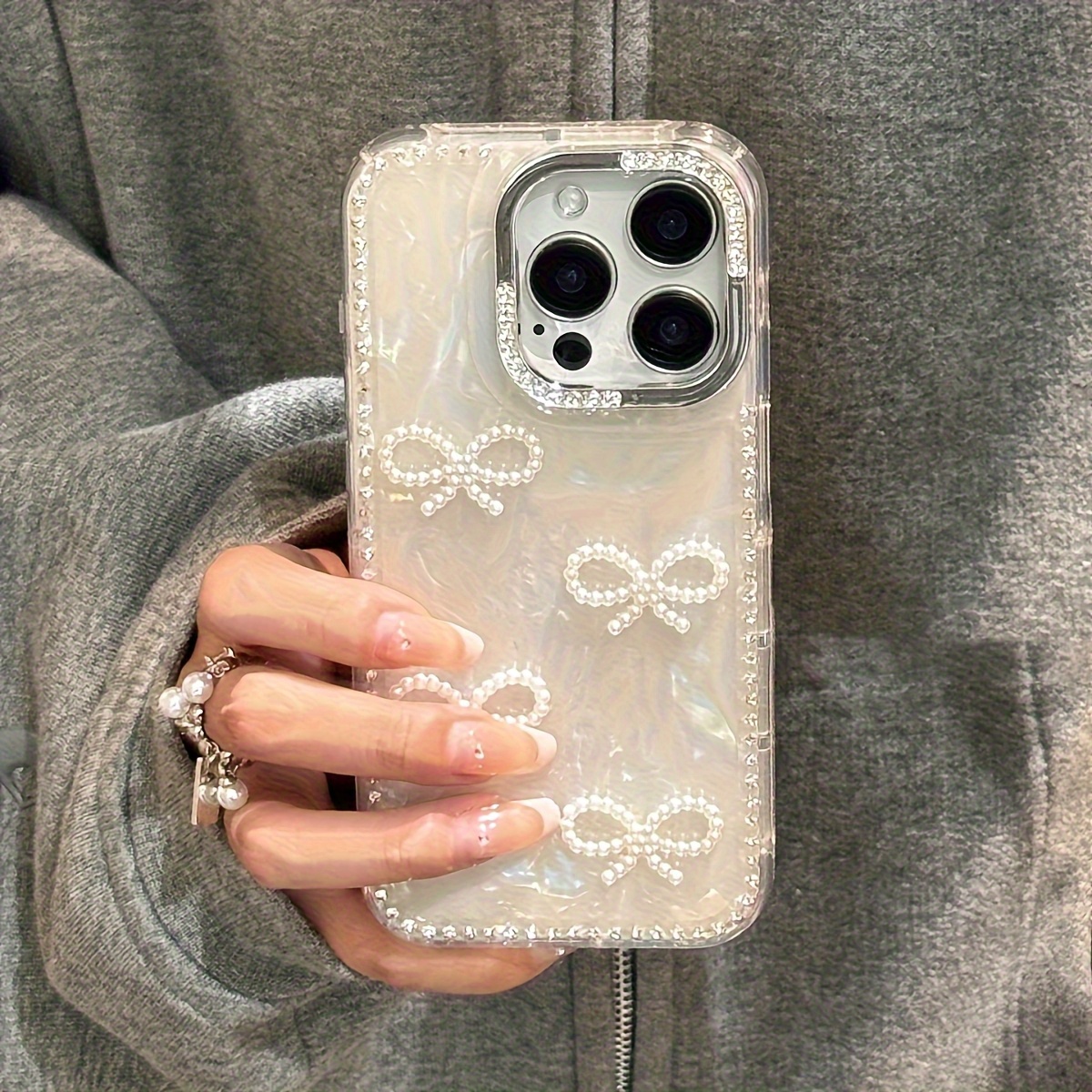 TEMU Phone Case - Elegant 3d Pearl Bowknot Shimmering Diamond Shell Design Iphone Case, Compatible With 16 15 14 13 12 Pro Max Stylish Colorful Back