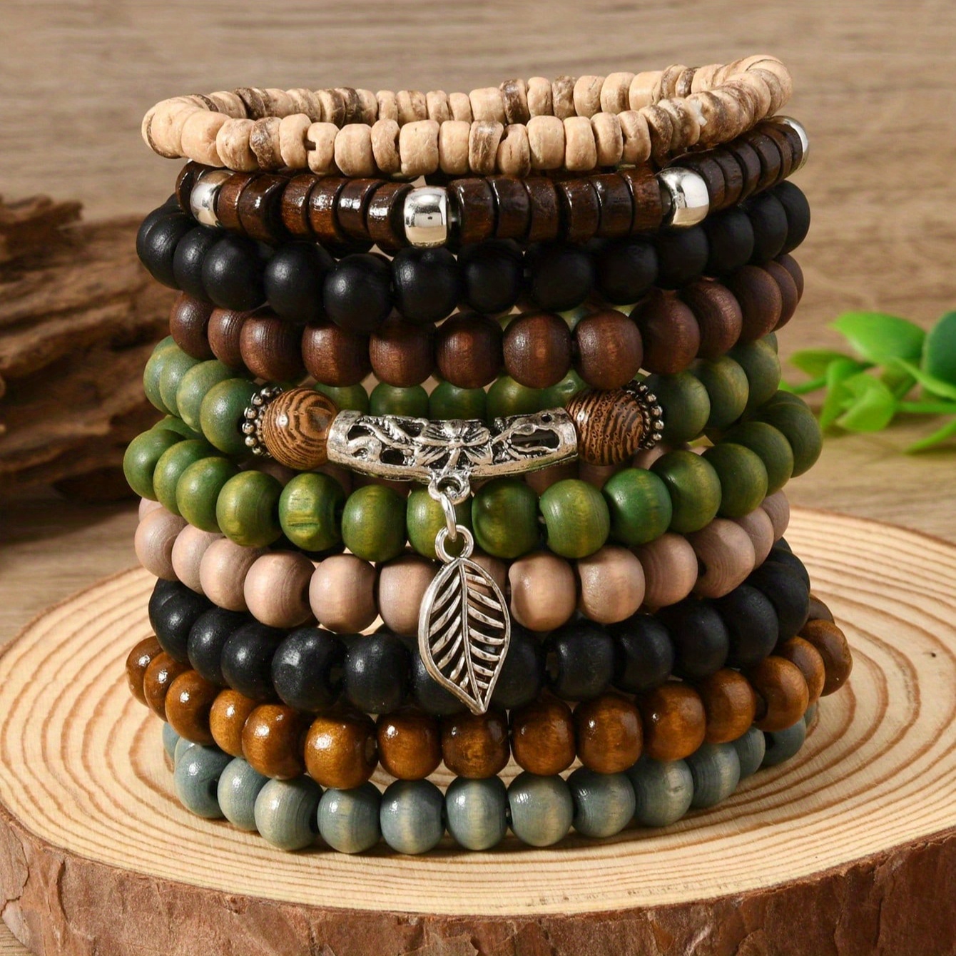 TEMU 10pcs Bohemian Style Handmade Wood Beaded Bracelets, Couples Bracelet Gift Set