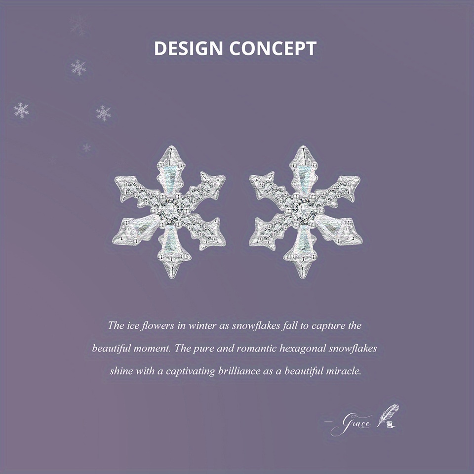 1 pair elegant luxury 925 sterling silver snowflake stud earrings, 3.5g synthetic zirconia, hypoallergenic women s jewelry for   & gift- , christmas season suitable details 1