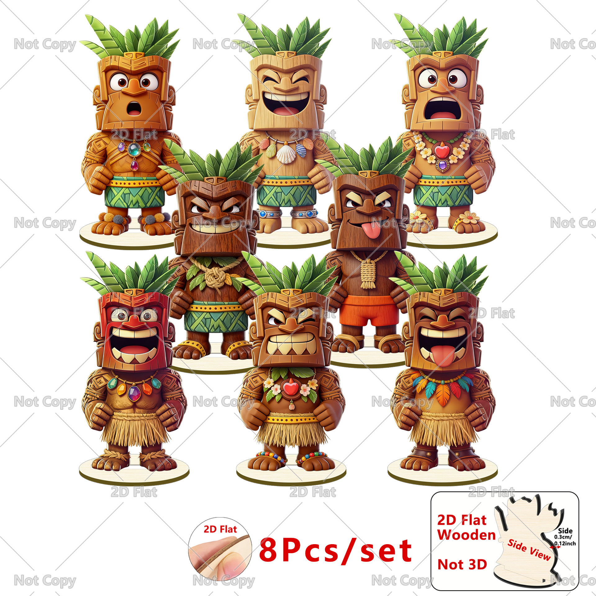 TEMU Ornement de table en bois Tiki hawaïen élégant et plat 2D, 8 pièces, ornement Tiki amusant adapté à la décoration de centre de table, décoration