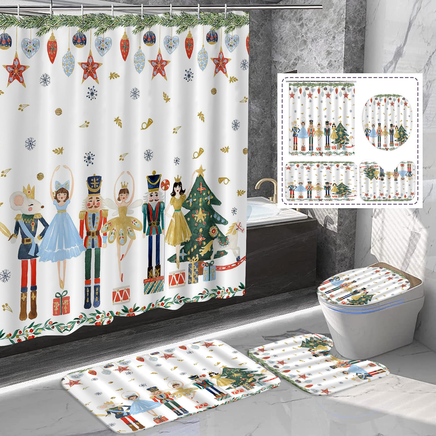 

1/4pcs Christmas Pattern Shower Curtain Set, Bath Mat Carpet, -shaped Mat , Shower Curtain, 71x71 , 12 , Bathroom Decoration