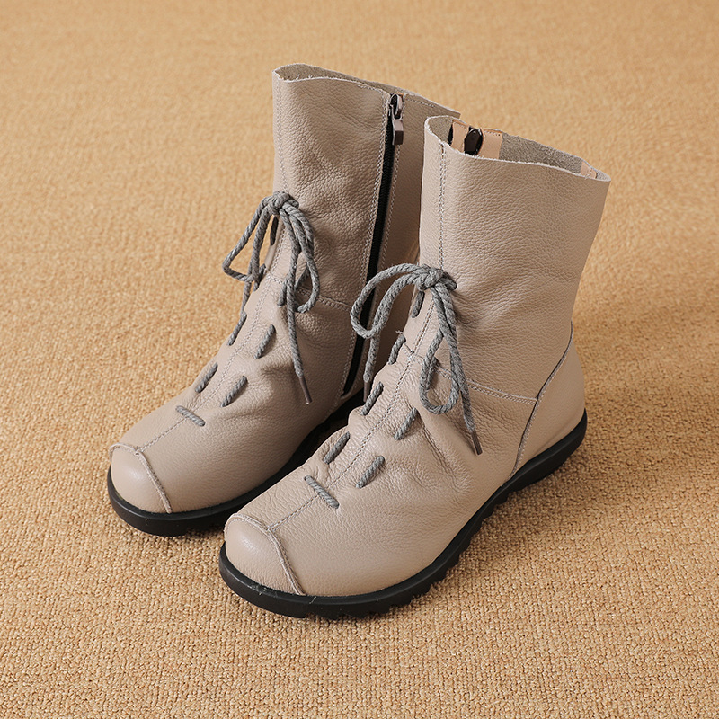 Image of Vintage Handmade Mid-calf Boots For Women, Hand-stitched Lace-up Style, Round Toe Design, Side Zipper Closure, Flat Rubber Outsole, Comfortable Brown Ankle Boots, Women Shoes