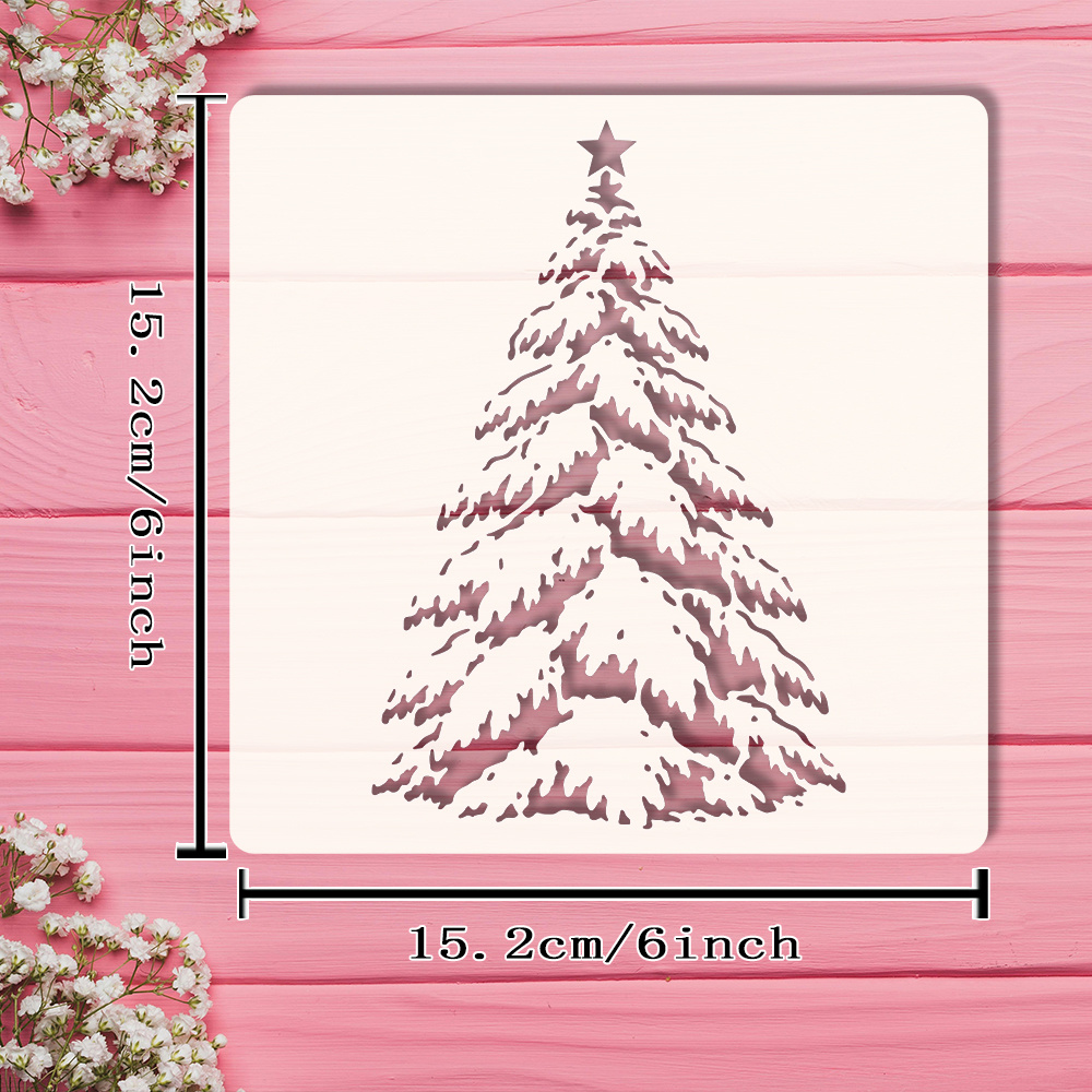 TEMU 1pc Large Christmas Tree Stencil - Elegant Snow-covered Tree With Stark Frost Effect, 6x6 Inch (15.2x15.2cm) For Diy Crafts, Holiday Decorations