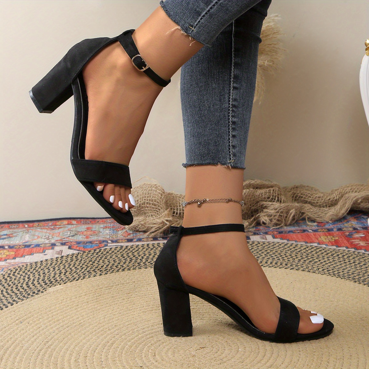 Block Heel Strappy Sandals Heels Square Toe High Heels Black Square Toe Sandals Chic Toe Block Heel Sandals Ankle Strap  Black Temu South Africa