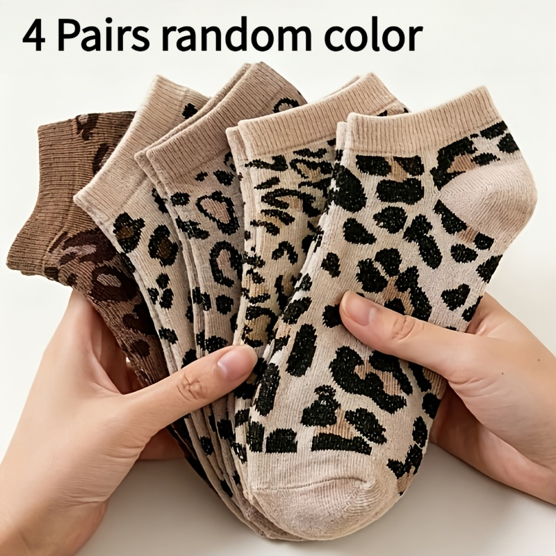 TEMU 4 Pairs Random Women's Leopard Print Ankle Socks, Cute Low-cut Casual Socks, Versatile Lightweight Shallow-cut Socks, Soft, Breathable, And