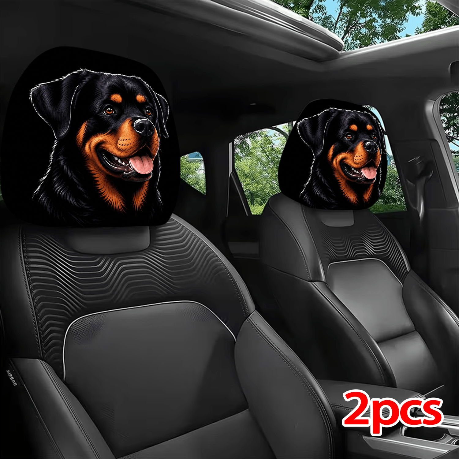 TEMU 2pcs Printed Pattern Car Headrest Covers, Adorable Rottweiler Interior Decoration, Universal Fit Installation, For Interior Accessories, Perfect